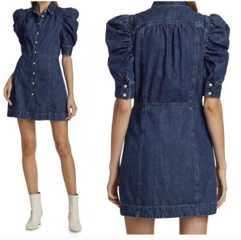 FRAMEGillian Puff-Sleeve Denim Dress Size M NWOT - Picture 2 of 11